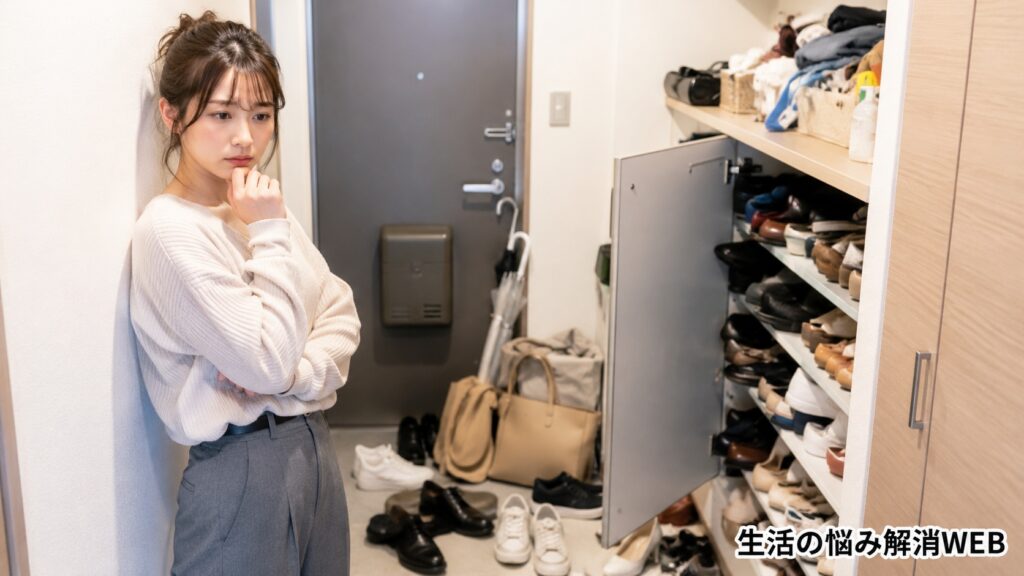 靴や荷物が散らかった玄関で、収納方法に悩む若い女性の様子