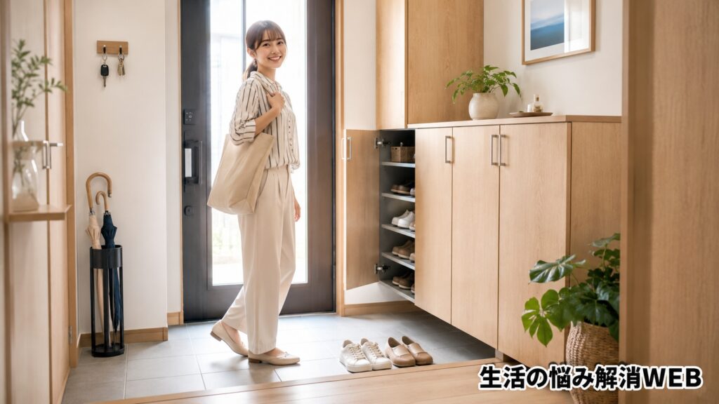 整った玄関で笑顔を見せる若い女性と、きれいに収納された靴箱の様子