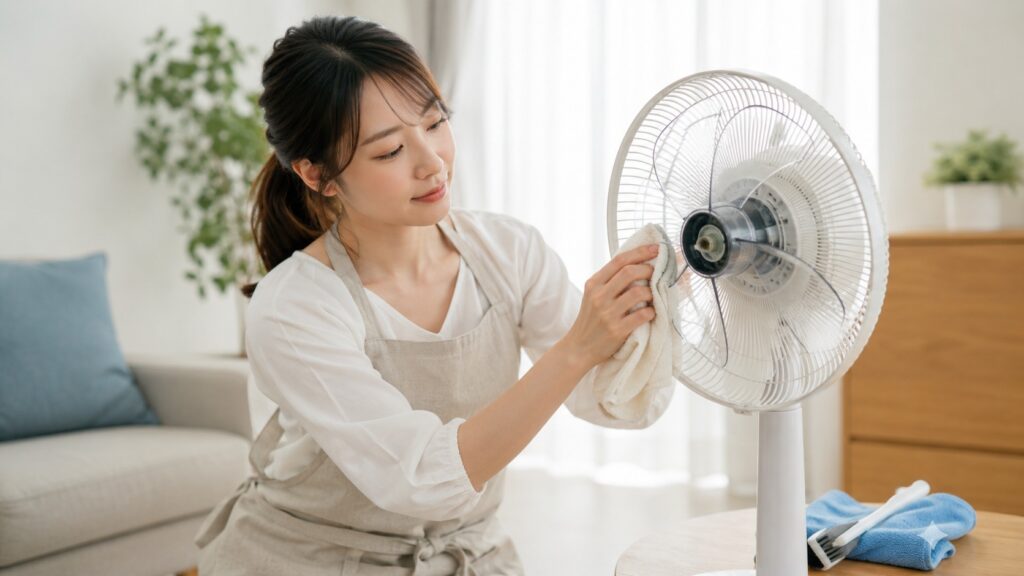扇風機を分解して掃除をする女性