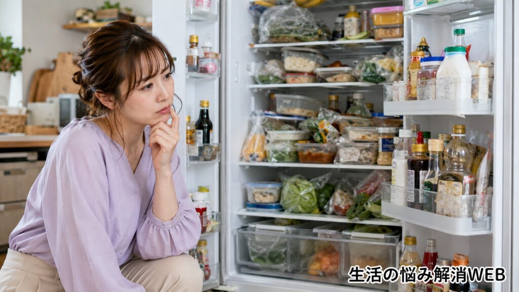 食材が詰まった冷蔵庫の前で、収納に悩みながら中を確認する女性