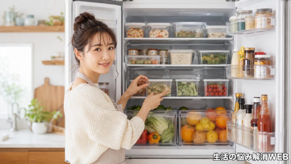 保存容器を使って冷蔵庫の食材を見やすく整理する女性