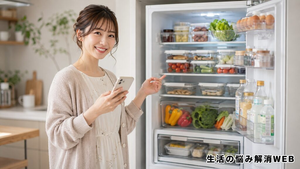 整理された冷蔵庫を前に、スマホで在庫確認をしながら笑顔を見せる女性