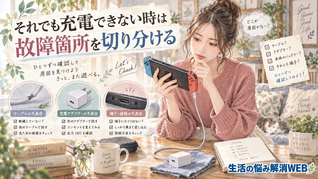 ゲーム機が充電できない原因をケーブル・充電器・端子から切り分ける女性のイラスト