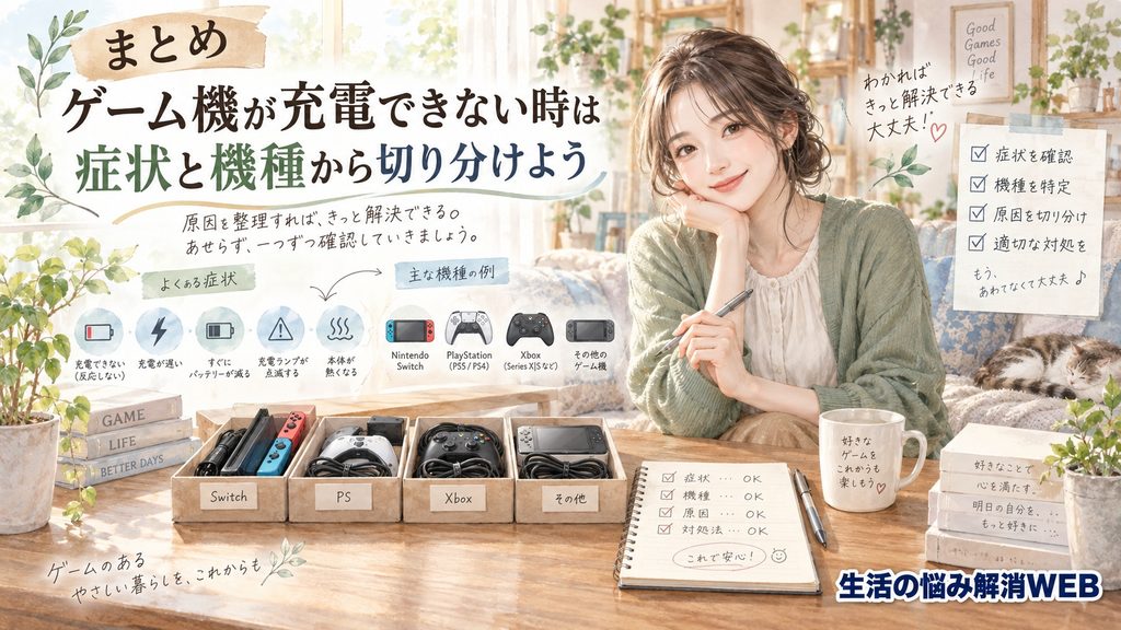 ゲーム機が充電できない原因をケーブル・充電器・端子から切り分ける女性のイラスト