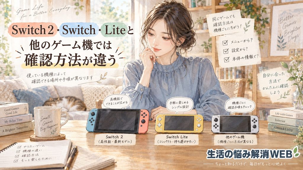 Switch 2・Switch・Liteなどゲーム機ごとの確認方法の違いを比較する女性のイラスト