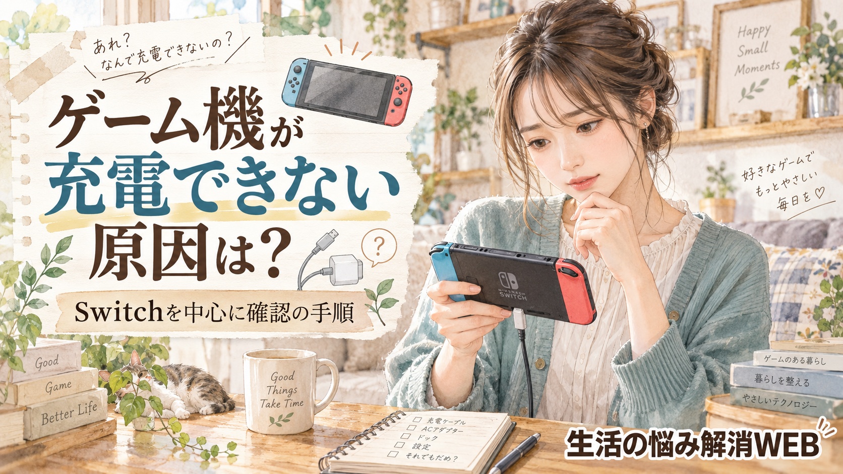 ゲーム機が充電できない原因をテーマに、Switchを持って確認する女性を右側に描いた、やわらかな暮らし系イラストのサムネイル画像。左側に「ゲーム機が充電できない原因は？」「Switchを中心に確認の手順」の文字入り。