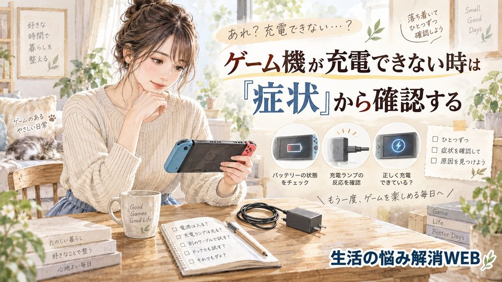 ゲーム機が充電できない症状を確認しながら、携帯ゲーム機と充電器をチェックする女性のイラスト