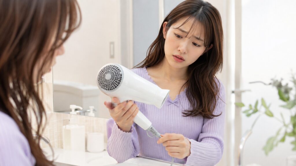 ドライヤーが急に止まって困る女性の様子