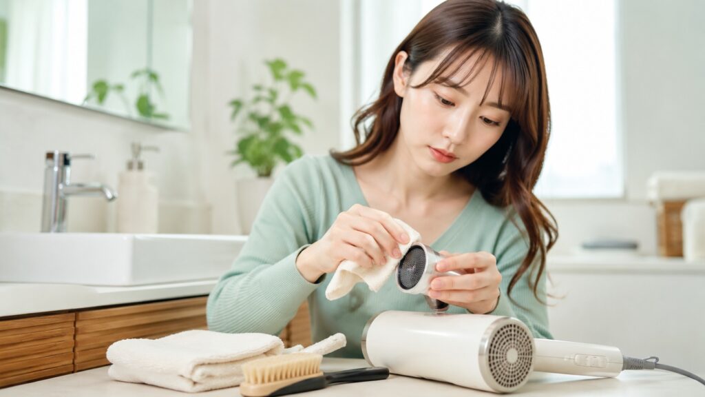 止まったドライヤーを掃除する女性の様子