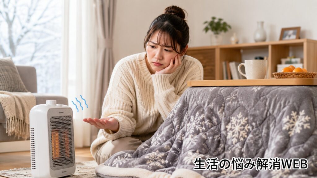 電気ストーブとこたつが暖まらず寒そうに確認する女性