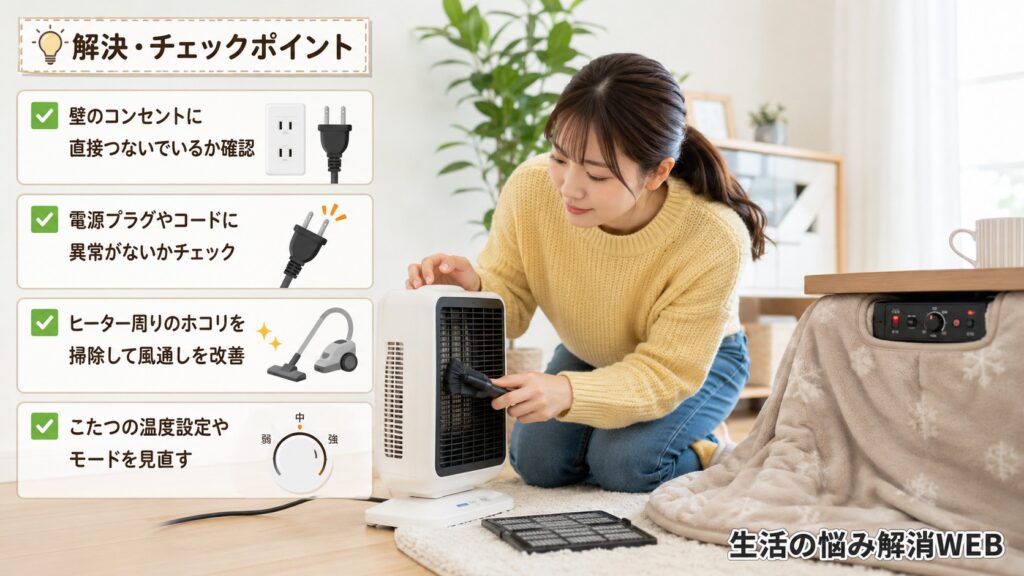 電気ストーブのホコリ掃除とこたつの設定を確認する女性