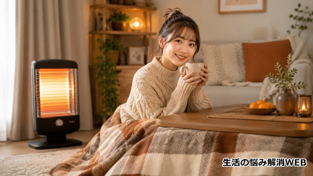 暖かくなった部屋でこたつに入りくつろぐ女性