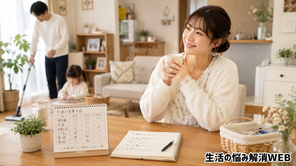 家事分担表と振り返りノートをテーブルに置き、家族が協力して家事を進める穏やかな家庭の様子