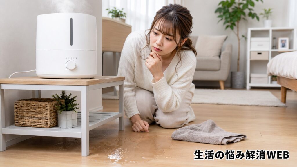 加湿器の水漏れで床が濡れ、原因を確認している女性の様子