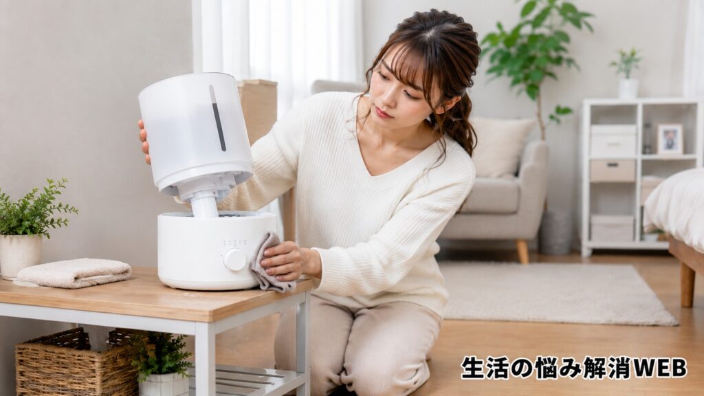 加湿器のタンクを外して水滴を拭き取り、水漏れ対策をしている女性