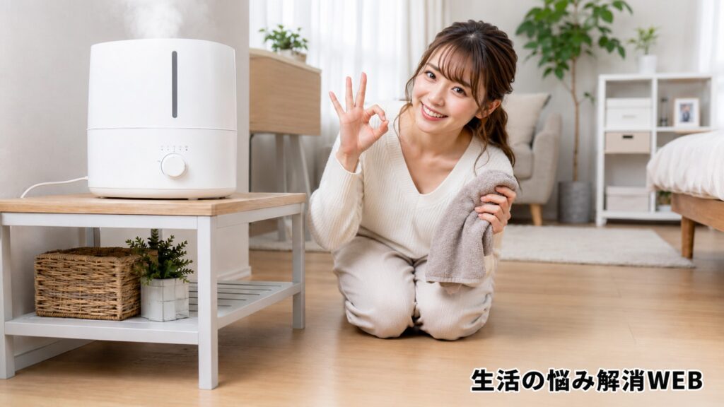 水漏れ対策後の加湿器のそばで笑顔を見せる女性と清潔な室内の様子