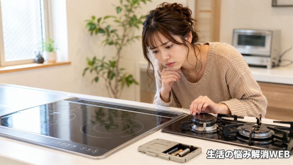IHとガスコンロの前で、火がつかない原因を確認している若い女性