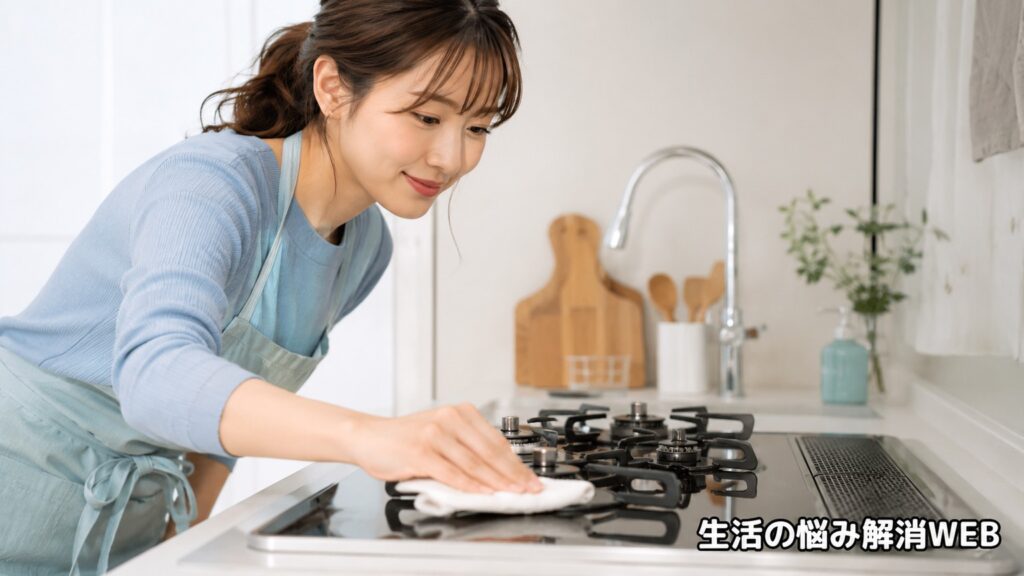 ガスコンロのバーナー部分を布で掃除しながら点火不良を対策している若い女性