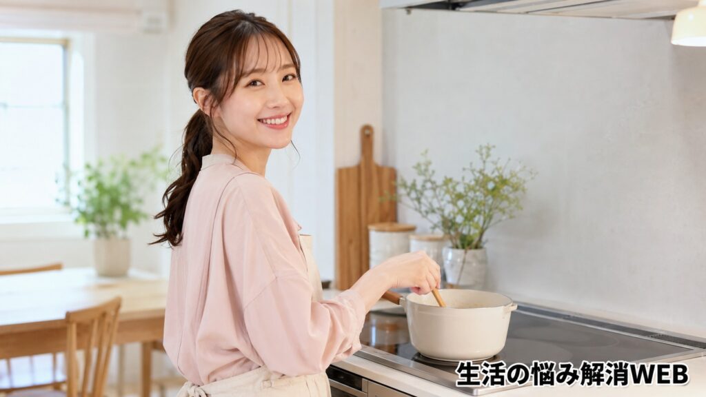 IHコンロで安全に調理できるようになり笑顔で料理する若い女性