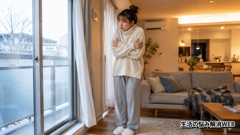 冬の窓際で寒そうに腕を抱える女性と、冷暖房効率が落ちやすいリビングの様子