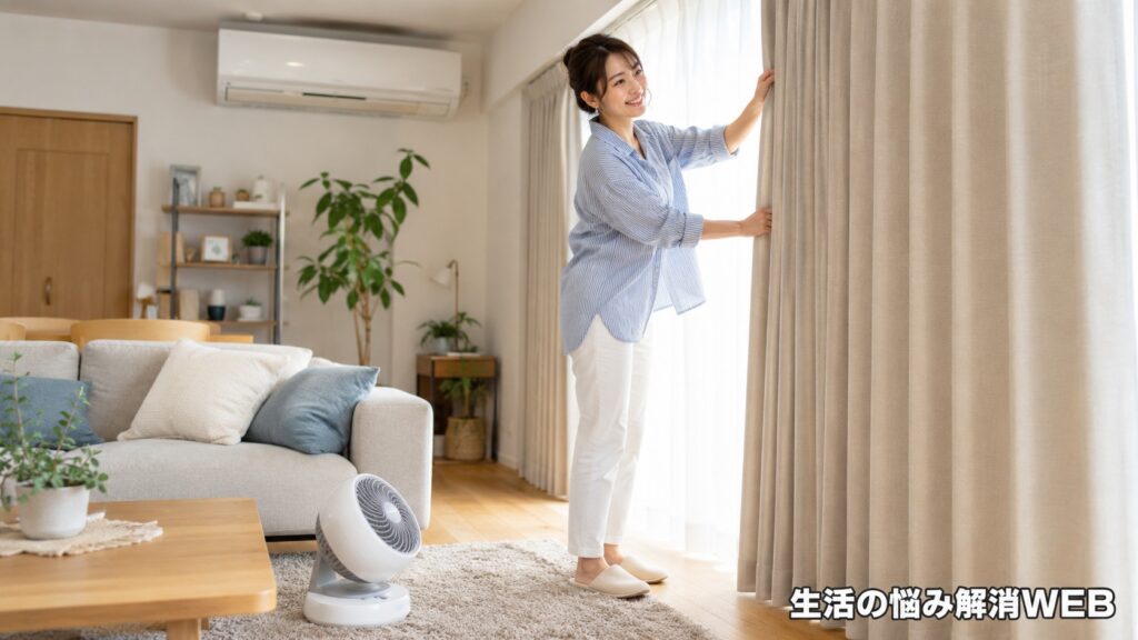 厚手カーテンを調整しながら断熱と空気循環を見直す女性の明るいリビング