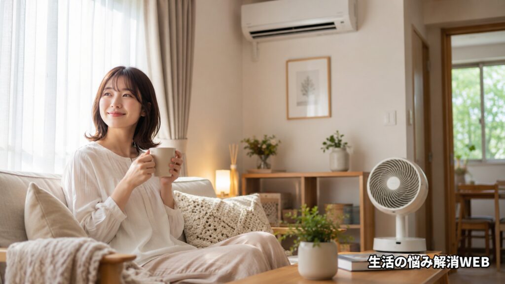 断熱と空気循環が整った快適なリビングで温かい飲み物を持ってくつろぐ女性