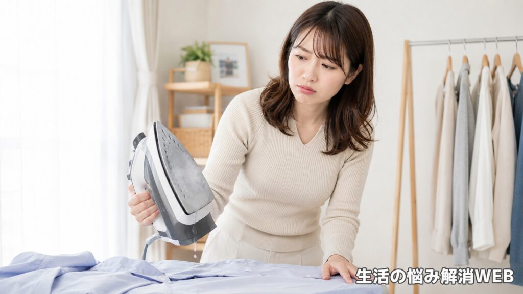 アイロンのスチームが出ず水滴が落ちて困っている女性