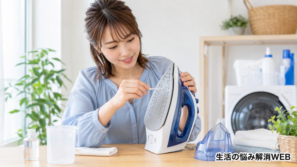 スチームアイロンの穴を掃除して詰まりを確認する女性