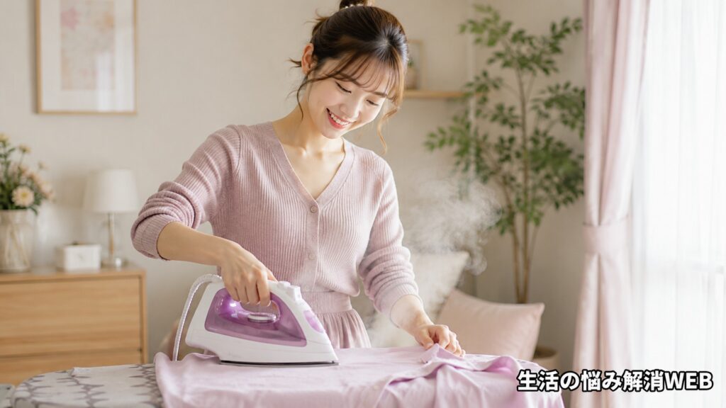 スチームが出るアイロンでシャツをきれいに仕上げる女性