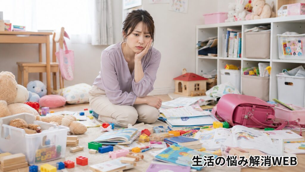 おもちゃや学用品が散らかった子供部屋で困った表情を見せる女性