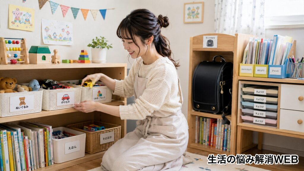 ラベル付き収納を使って子供部屋のおもちゃを整理する女性