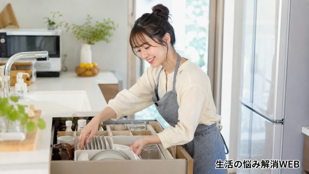 明るいキッチンで引き出し収納を整えながら食器を整理する若い女性の様子