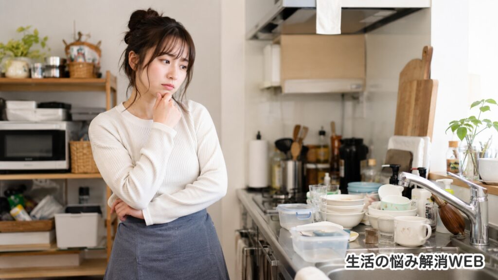 散らかったキッチンで収納や片付けに悩んでいる若い女性の様子