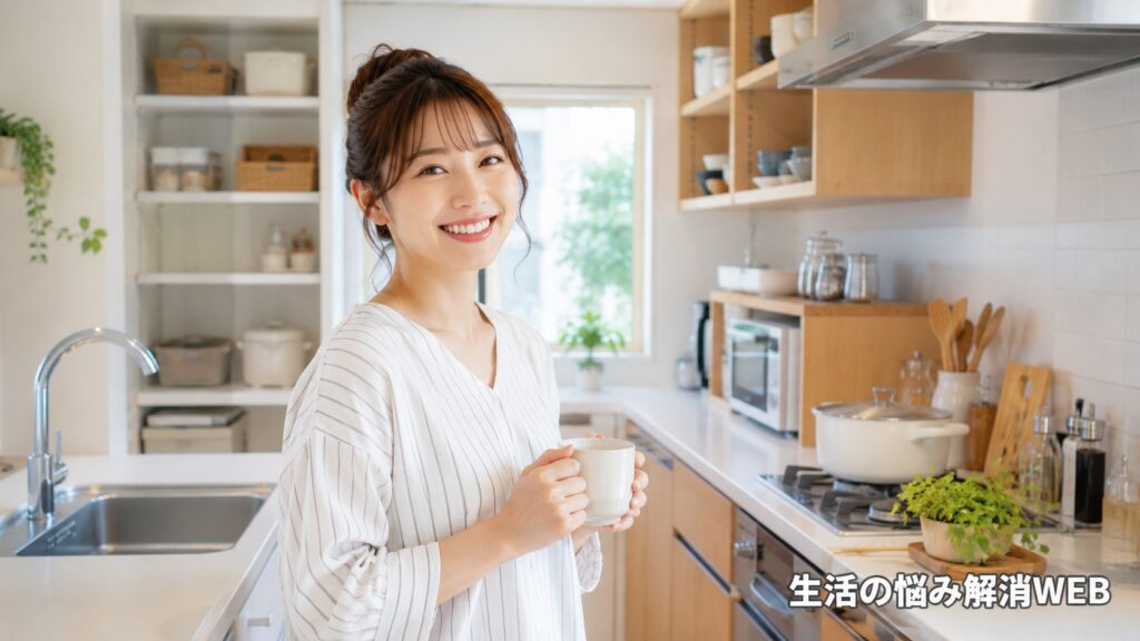整った明るいキッチンでマグカップを持ちながら笑顔を見せる若い女性の様子
