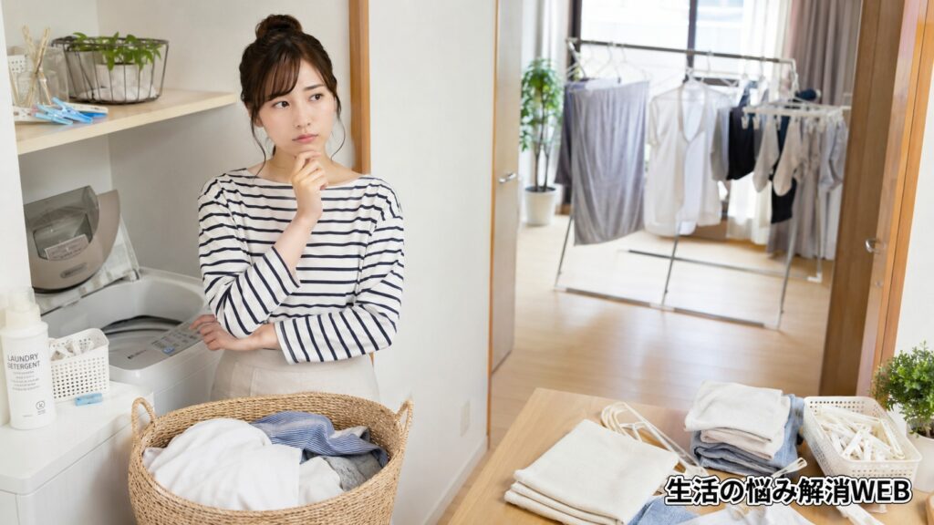洗濯機から干す場所までの動線に悩み、洗濯カゴの前で考え込む女性