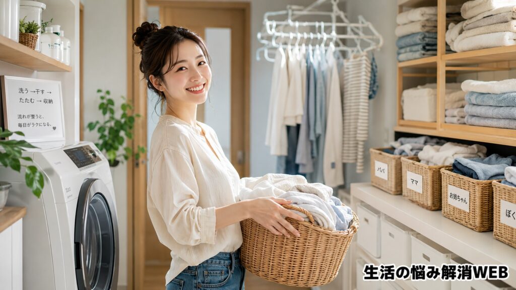 整理された洗濯ルームで、洗濯物を持ちながら笑顔を見せる女性