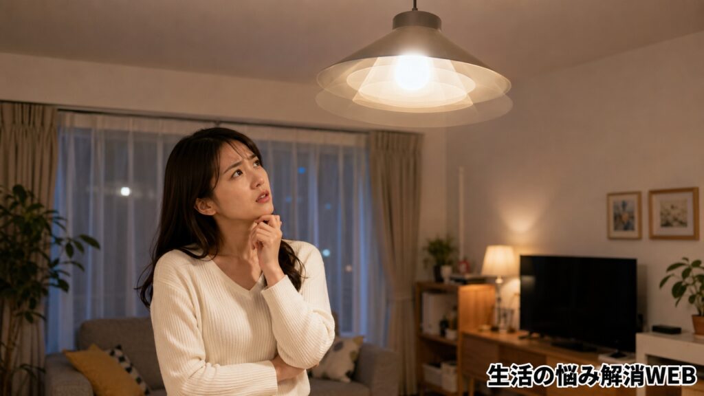 チカチカする天井照明を見上げながら原因を考える女性