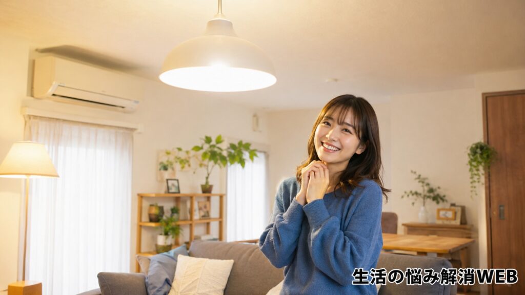 明るく安定した照明の下で安心した表情を見せる女性