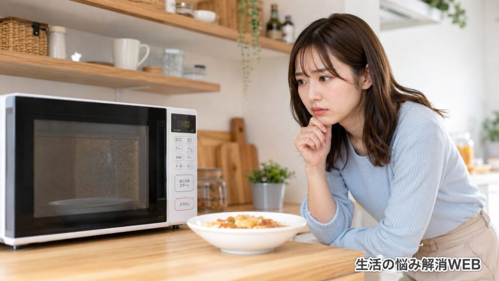 電子レンジで温めても料理が温まらず、女性が不安そうに原因を考えている様子