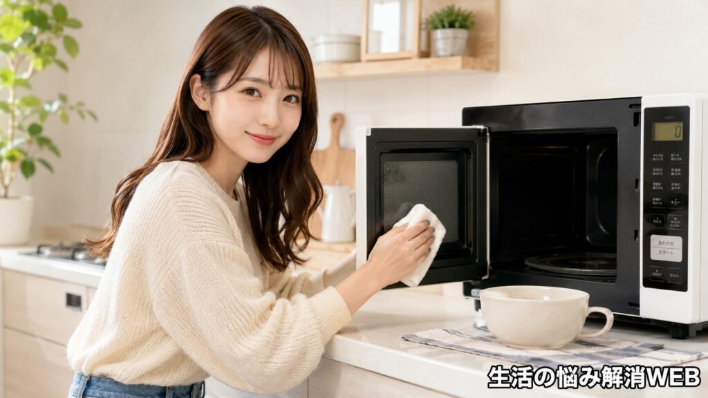 女性が電子レンジの庫内を拭き掃除し、温まらない原因を改善しようとしている様子