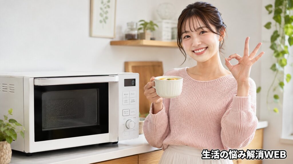 電子レンジで温めた料理を手に、女性が笑顔でOKサインをしている様子