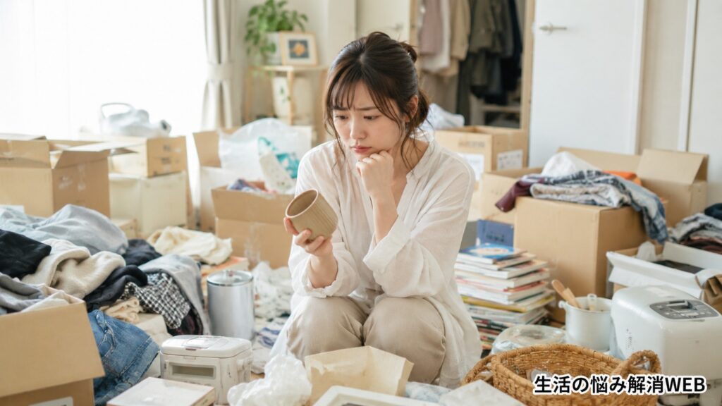 引っ越し前の散らかった部屋で、持ち物を前に処分するか悩みながら考え込む女性
