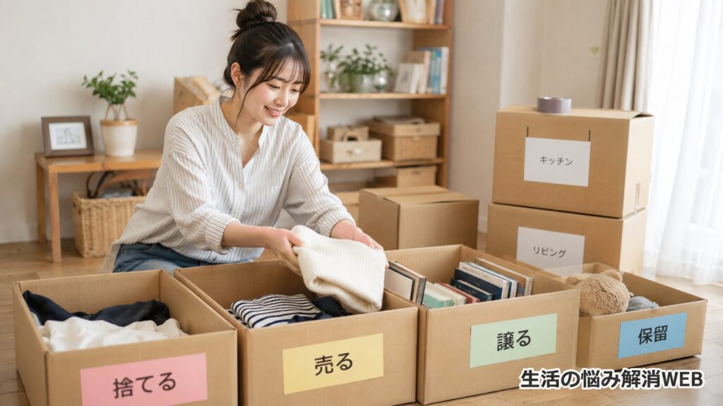 引っ越し準備で「捨てる・売る・譲る・保留」に分けた箱を使い、荷物を整理する女性