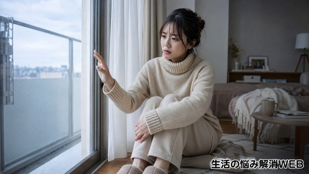 北向きの寒い部屋で、女性が窓際に座りながら外の冷たい景色を見つめている様子