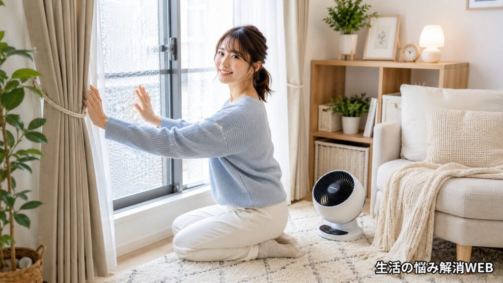 明るい室内で女性が窓まわりのカーテンや断熱対策を見直している様子