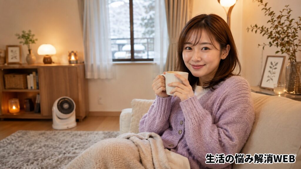 暖かいリビングで女性が温かい飲み物を持ってくつろいでいる様子