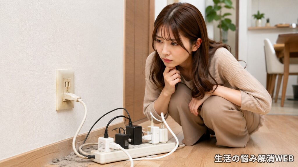 焦げ跡やホコリのあるコンセントと電源タップを心配そうに確認する女性
