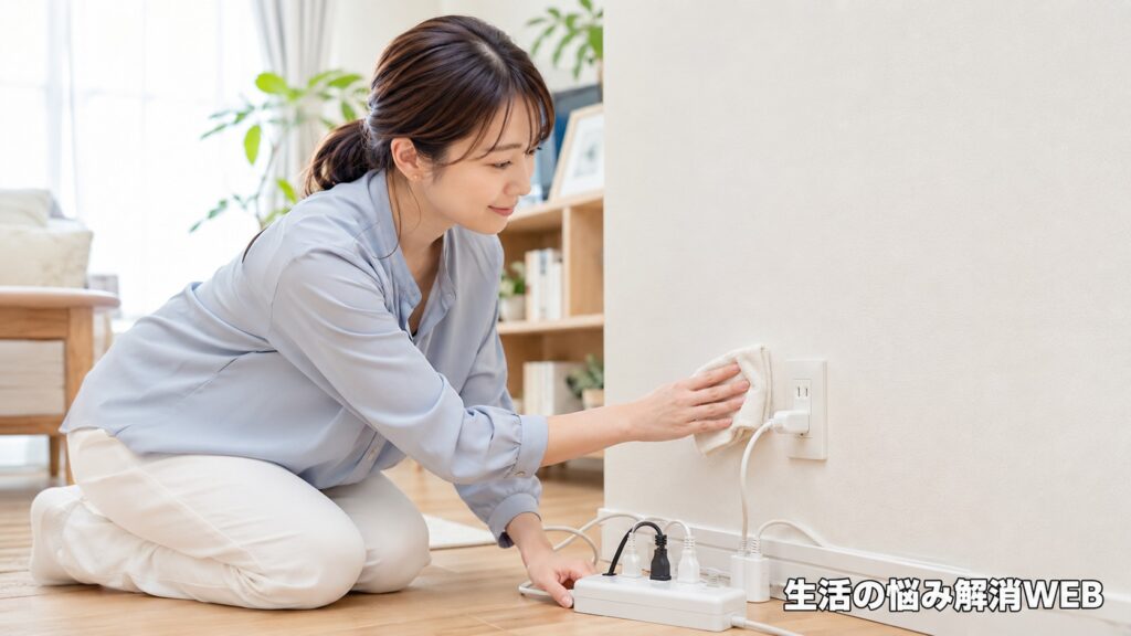 コンセントまわりのホコリを乾いた布で掃除し電源タップを確認する女性
