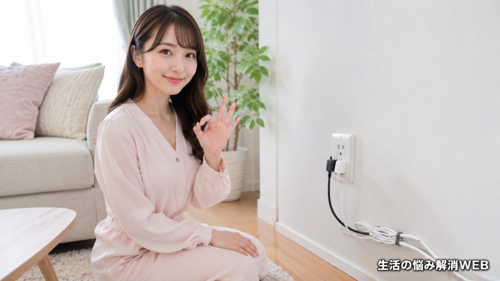 整理されたコンセントとコードを確認し安全を確かめて安心する女性