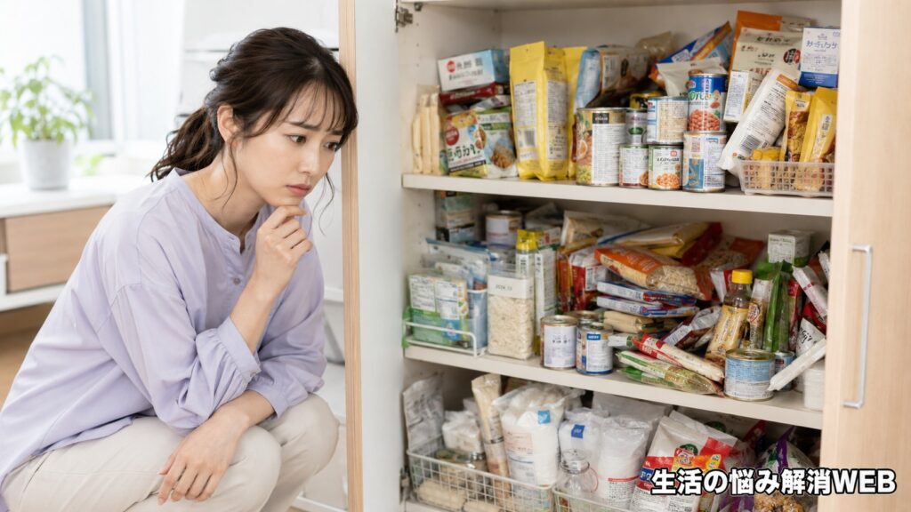 食品ストックが多くて乱雑になったパントリーを前に、整理方法に悩む女性